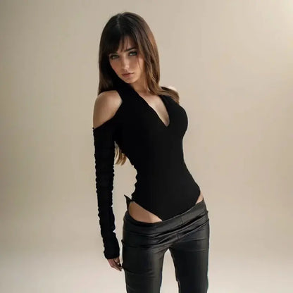 ’s Hollow Bodysuit Long Sleeved Off-shoulder Tops Color Hanging Neck Collar Jumpsuit Bottoming Clothes