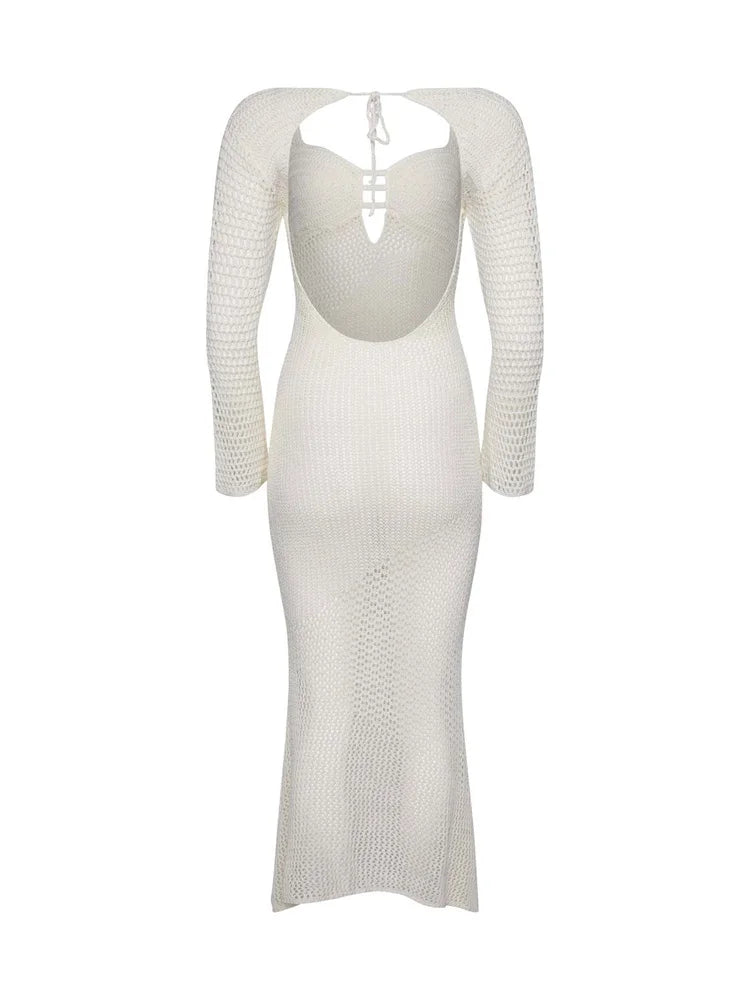 Hollow Out Knit See-through Maxi Dress Female Patchwork Backless Lace-up Slim Beach Holiday Knitwear Dress