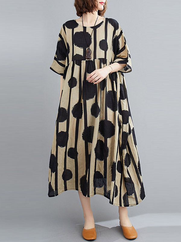 Original Polka-dot Split-joint Round-neck Midi Dress