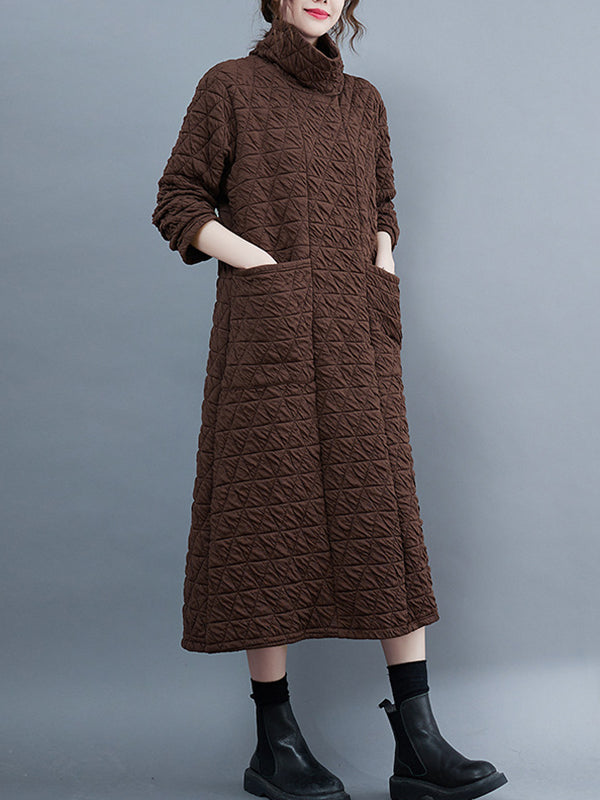 Long Sleeves Loose Color Textured High-neck Cotton Padded Midi Dresses