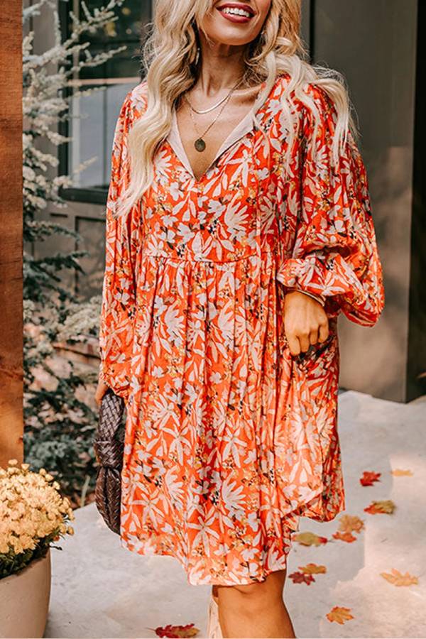 Orange Print Split V Neck Bubble Sleeve Midi Dress