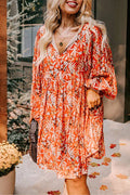 Orange Print Split V Neck Bubble Sleeve Midi Dress