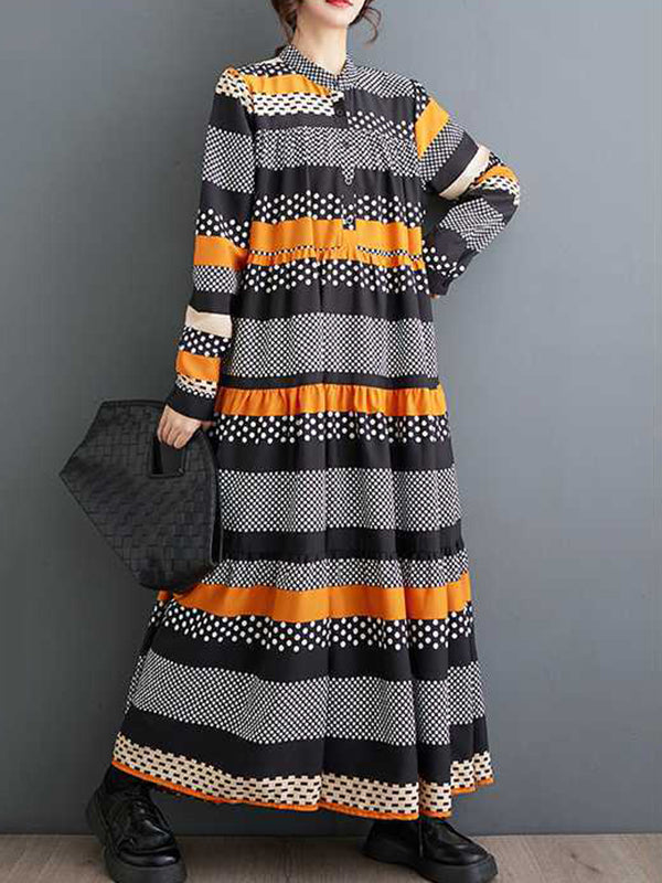 A-line Long Sleeves Buttoned Polka-dot Split-joint Round-neck Midi Dresses