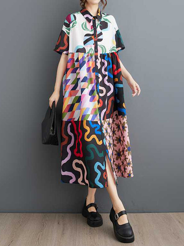 A-line Loose Buttoned Printed Split-joint Lapel Midi Dresses Shirt Dress