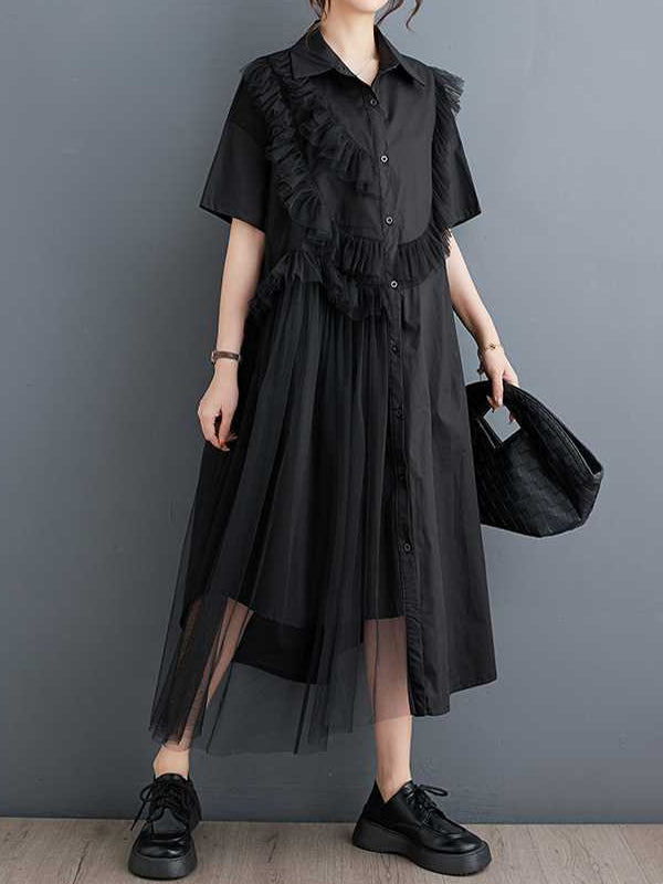 A-line Half Sleeves Asymmetric Buttoned Ruffled Color Split-joint Lapel Midi Dresses Shirt Dress