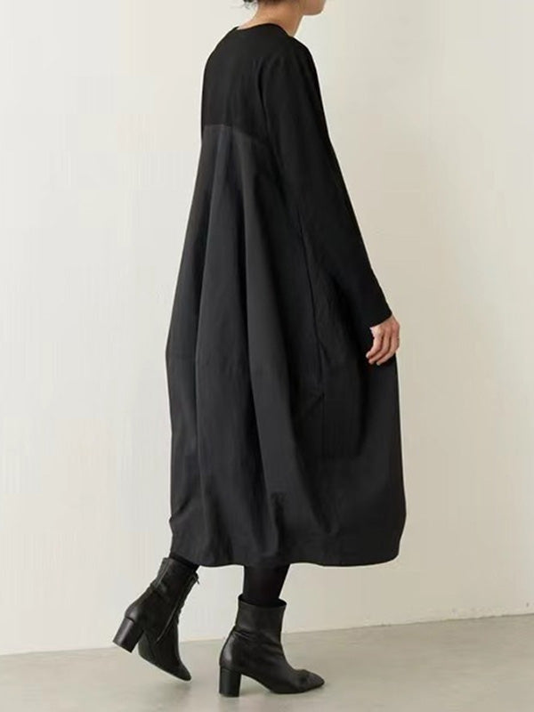 Long Sleeves Loose Split-joint Round-neck Midi Dresses