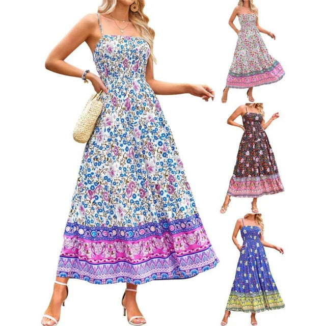 Flower Print Spaghetti Strap Dresses Beach Vacation Long Dress Female Summer New Vestidos