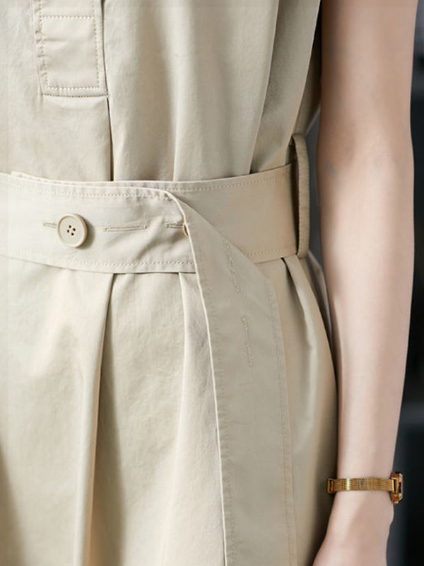 Short Sleeves Bandage Color Lapel Midi Dresses