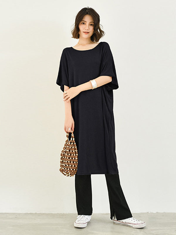 Batwing Half Sleeves Color Round-neck Midi Dresses