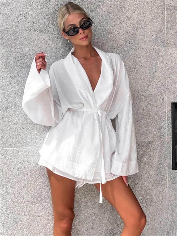 White Lace-up 2 Piece-set Shorts for Loose Bandage Cardigan Coat and High Waist Shorts Sets Female Outfits