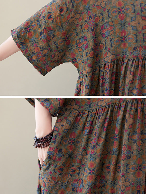 Vacation Loose Half Sleeves Printed Pleated Round-neck Midi Dresses