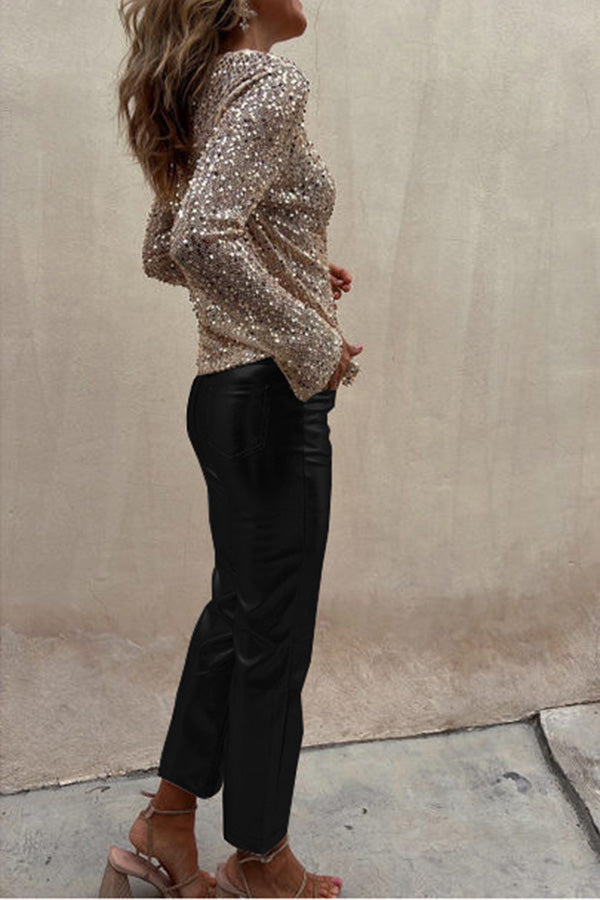 Sinclair Metallic Faux Leather High Rise Pocketed Straight Pants(shipped Within 24 Hours)