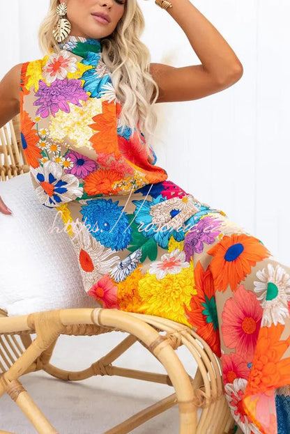Land of Beauty Print Halter Neck Elastic Waist Party Maxi Dress