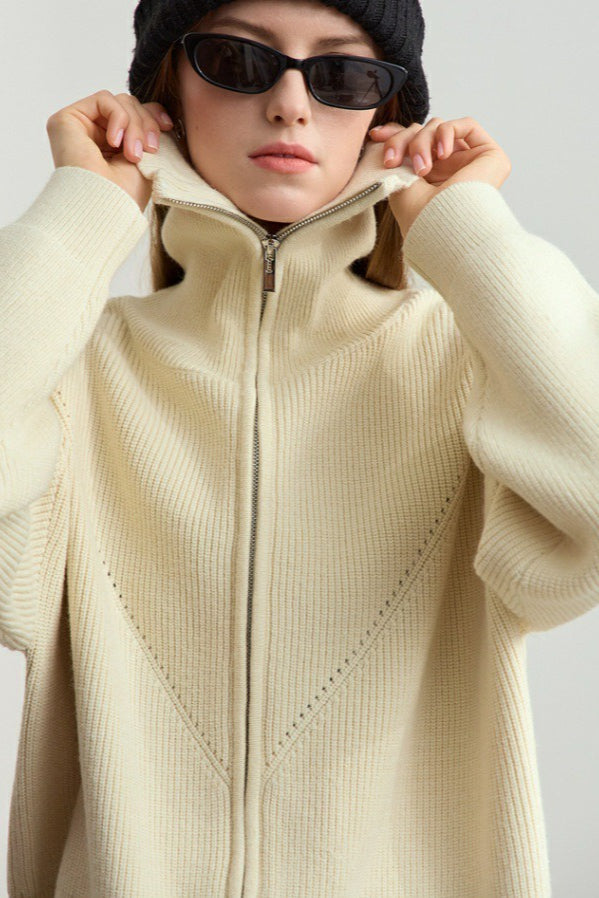 Naval-collar Zip Lazy-style Thick Knit Cardigan