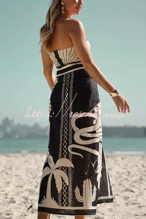 Shell Print Off-the-shoulder High Slit Slim Midi Dress