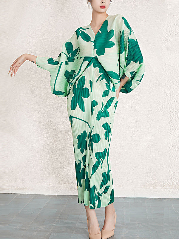 Batwing Sleeves Loose Pleated Printed V-neck Midi Dresses