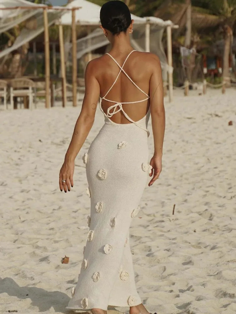 Knit Sweater Halter Dresses Backless Lace-up Patchwork V-neck Slim Knitwear Female Party Maxi Dress