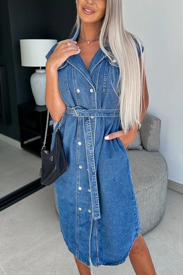 Color Lapel Sleeveless Button Pocket Waist Tie Denim Midi Dress