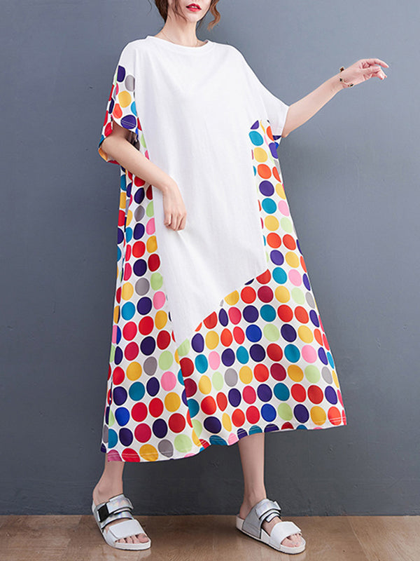 Loose Short Sleeves Multi-colored Polka-dot Split-joint Round-neck Midi Dresses