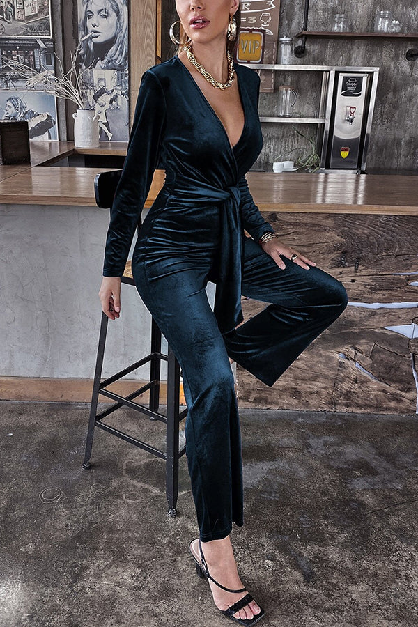 Color Velvet Deep V Belt Slim Jumpsuit