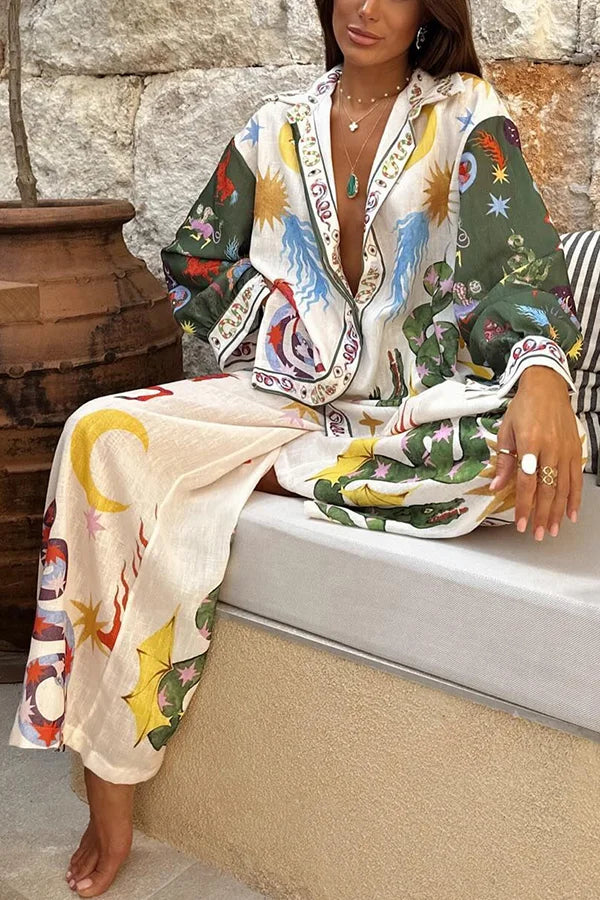 Beauty Unique Print Long Sleeve Loose Shirt and Elastic Waist Pants Set