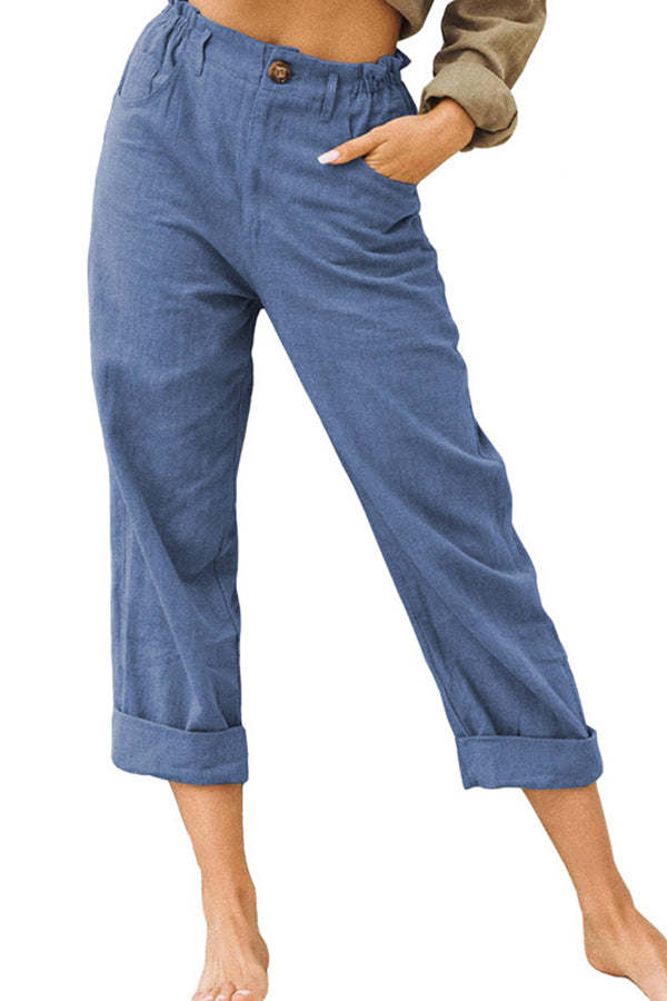 Color Cotton and Linen Fashionable Loose High Waist Pants