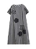 Loose Short Sleeves Polka-dot Striped Round-neck Midi Dresses