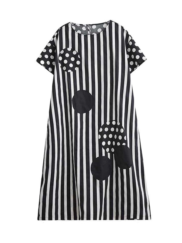 Loose Short Sleeves Polka-dot Striped Round-neck Midi Dresses