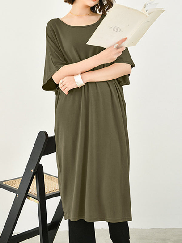 Batwing Half Sleeves Color Round-neck Midi Dresses