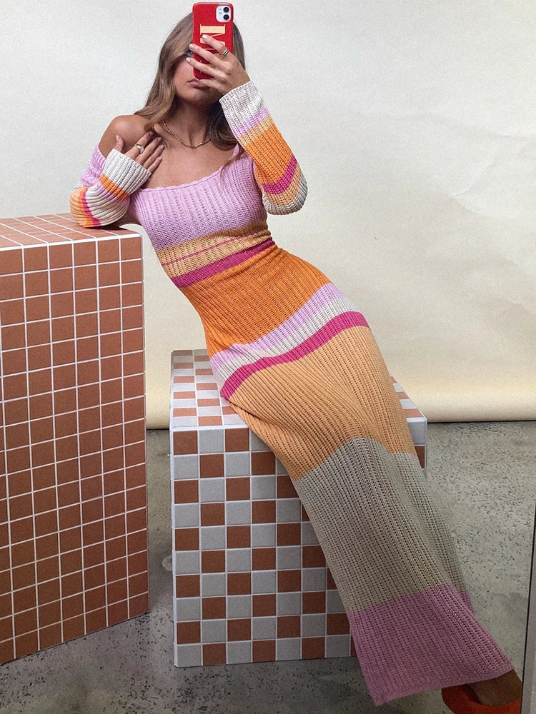 Striped Knitted Autumn Dress Long Sleeve Bodycon Maxi Dresses Femme Y2k Holiday Beach Party Vestidos