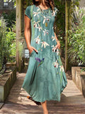 A-line Loose Animal Printed Flower Print Round-neck Midi Dresses