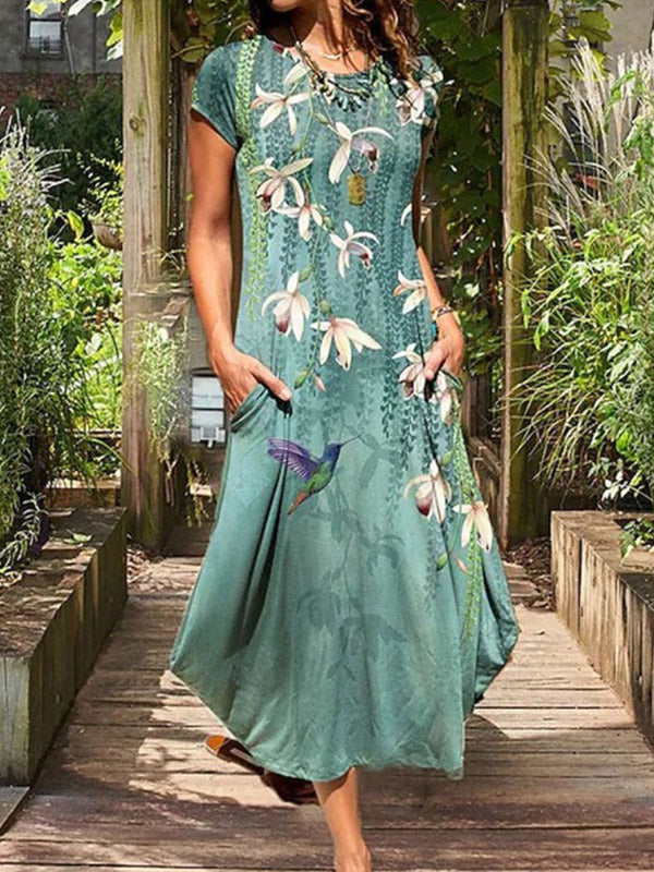 A-line Loose Animal Printed Flower Print Round-neck Midi Dresses