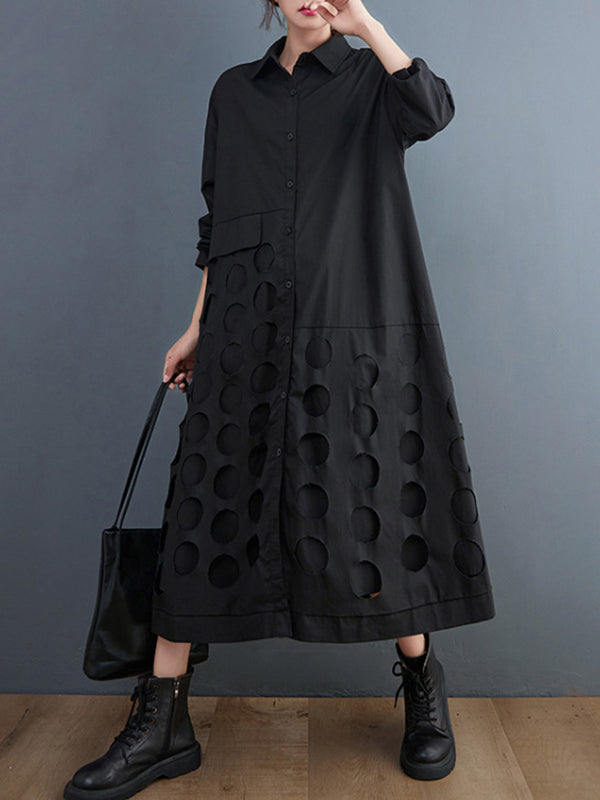 A-line Long Sleeves Asymmetric Hollow Polka-dot Color Lapel Midi Dresses