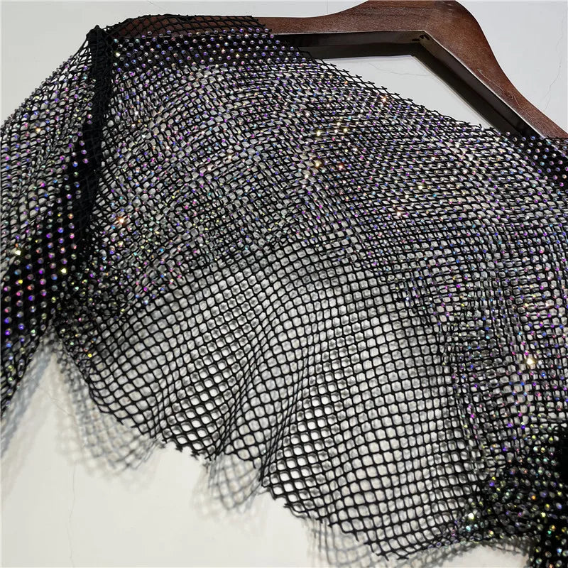 Sparkly Crystal T-shirts O-neck Hollow Out See Through Tank Tops Night Partywear Crop Shirts Tee Y2k Tops