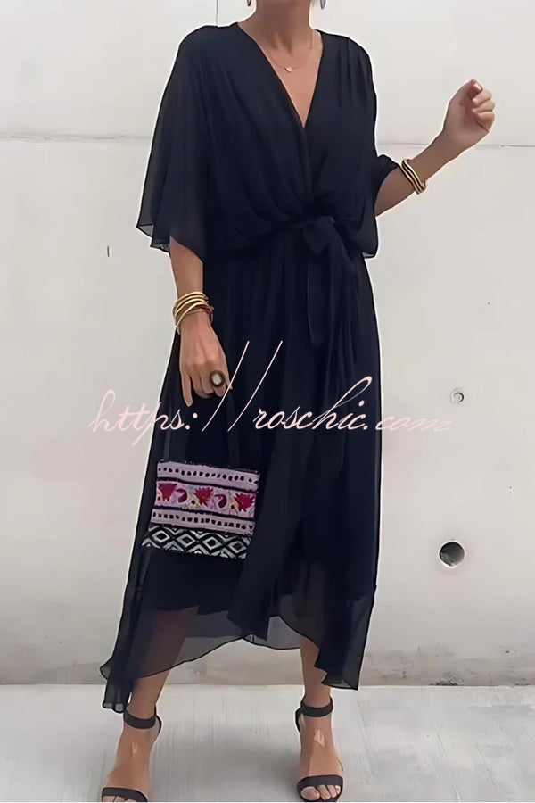 Color V-neck Bat Sleeve Lace-up Irregular Hem Midi Dress