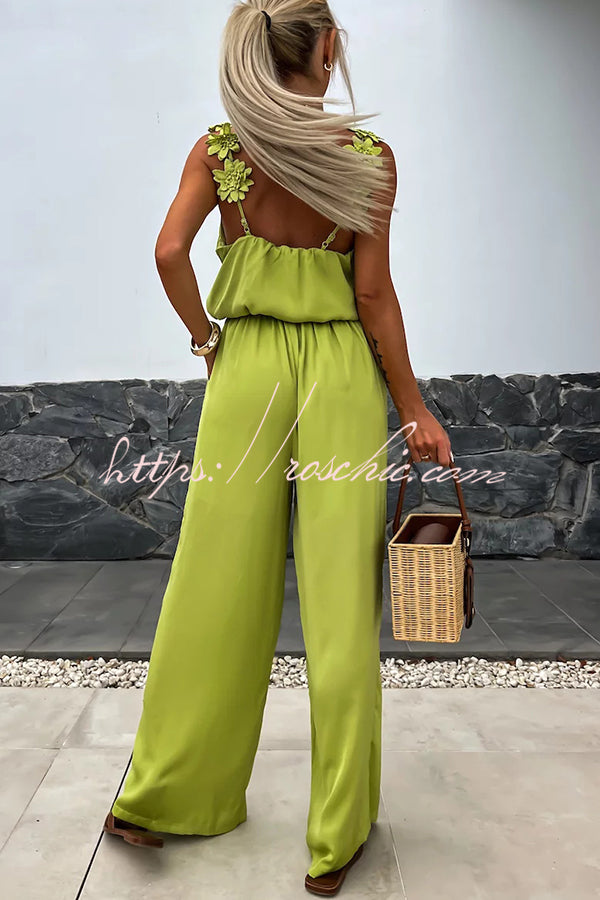 Color Embroidered Flower Suspenders Loose Jumpsuit