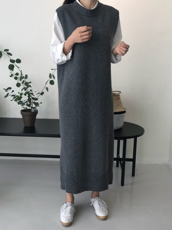 Urban Loose Sleeveless Color Round-neck Midi Dresses Sweater Dresses
