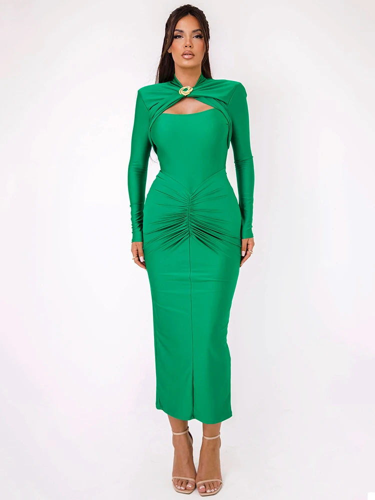Hollow Out Long Sleeve Maxi Dress for Gown Autumn Winter New Metal Buckle Ruched Slit Long Dress