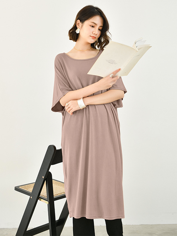 Batwing Half Sleeves Color Round-neck Midi Dresses
