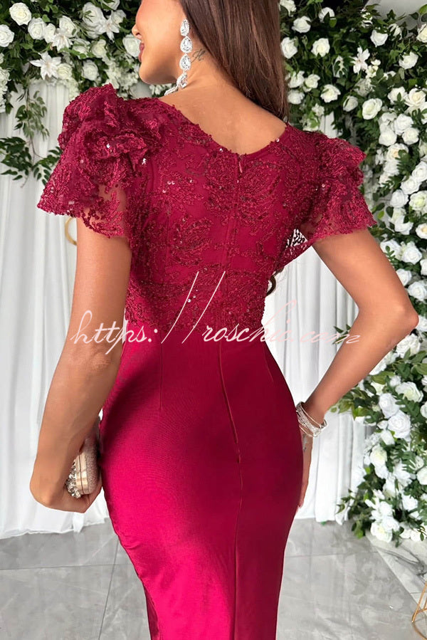 Dreamy Lace and Satin Patchwork Ruffle Sleeve Ruched Midi Dress