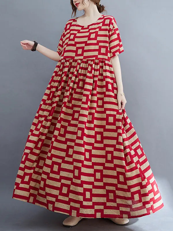 Loose Short Sleeves Plaid Round-neck Midi Dresses