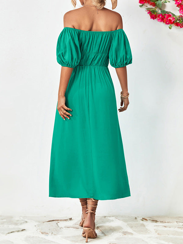 Loose Short Sleeves Color Off-the-shoulder Midi Dresses
