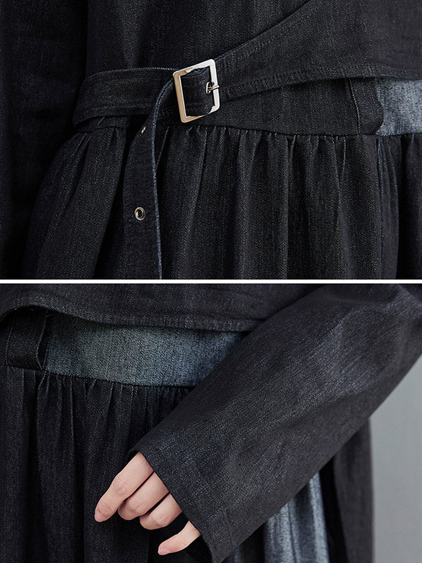 Original Loose Denim Split-joint Tied Lapel Collar Long Sleeves Midi Dress