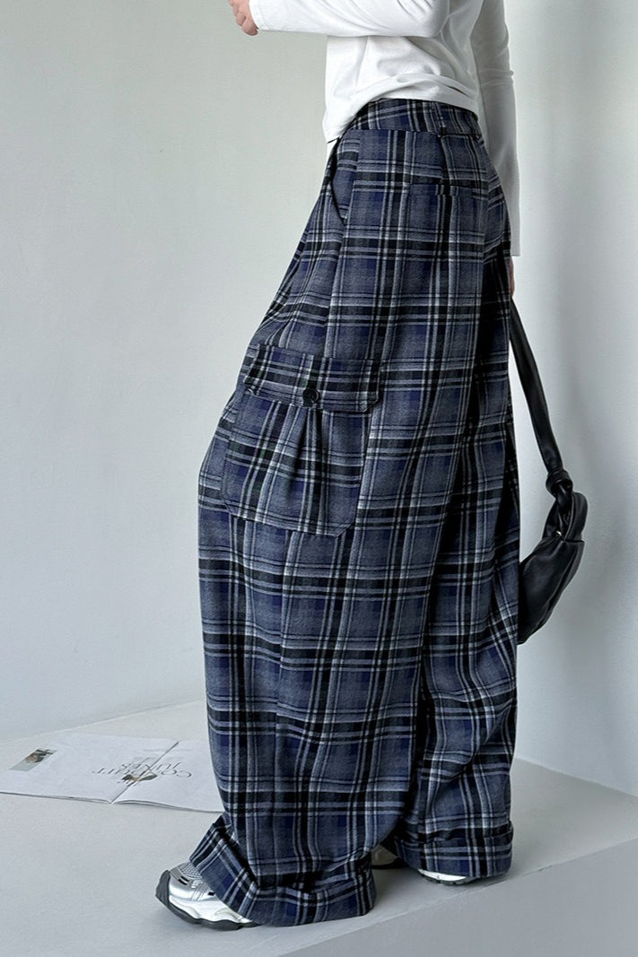 Retro Colorblock Plaid Straight Pants