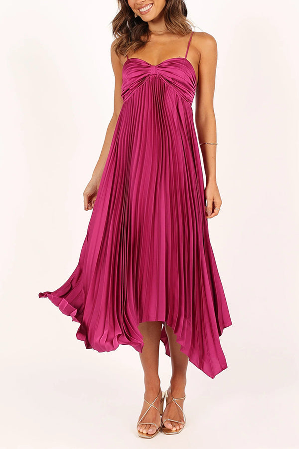Color Suspender Pleated Irregular Midi Dress