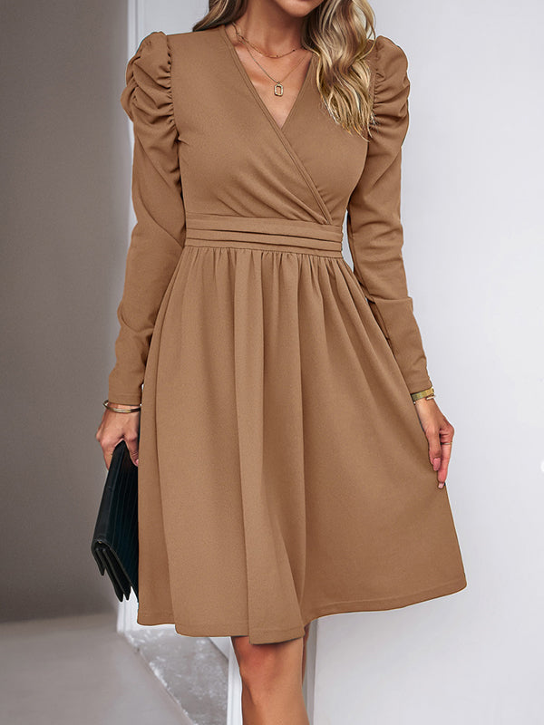 Puff Sleeves Skinny Pleated Color Split-joint V-neck Midi Dresses