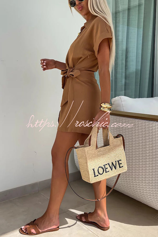 Relaxing Beach Linen Blend Color Wrap Loose Shirt Romper