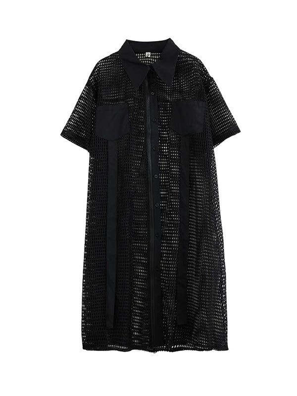Half Sleeves Loose Hollow Color Split-joint Zipper Lapel Midi Dresses Shirt Dress