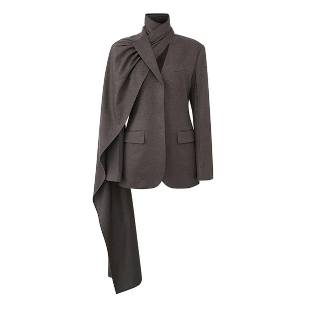 Scarf Collar Blazer Autumn Winter Fashionable Slim Coat for Woman Jacket Street Cardigan Femme