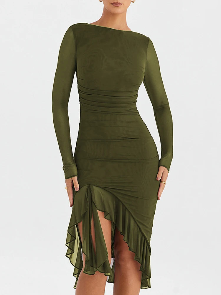 Ruffle Ruched Midi Dress for Robe Sheer Long Sleeve Backless Irregular Club Party Dress Vestido